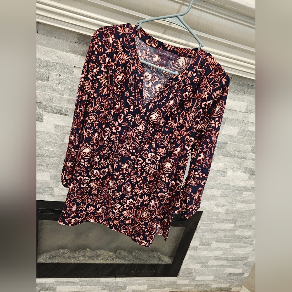Floral V-Neck Blouse - Navy and Coral